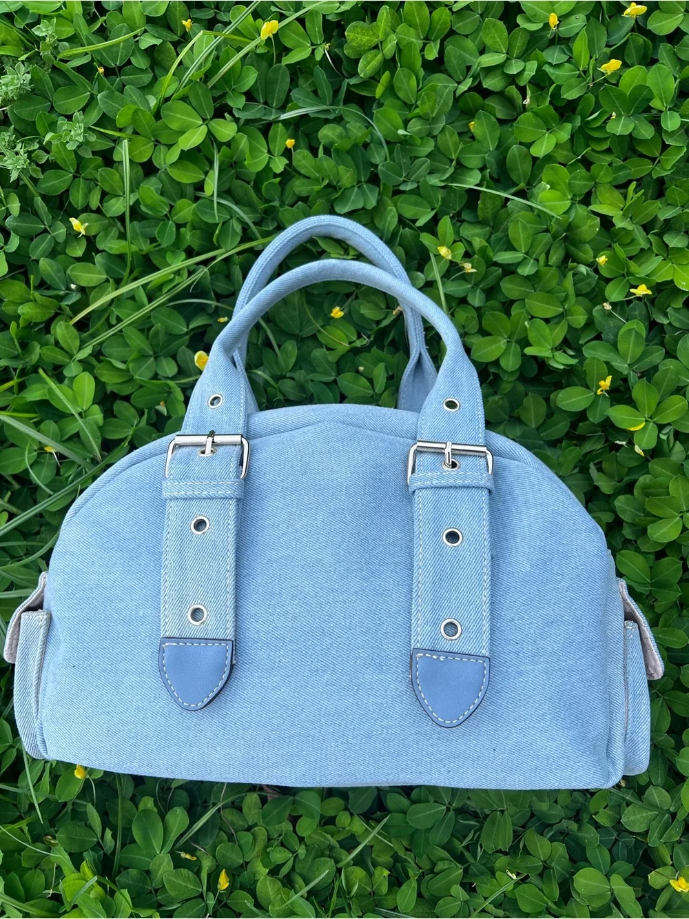 NWT True Religion Multipatch Light blue denim satchel bag with buckle detail - Picture 2 of 13